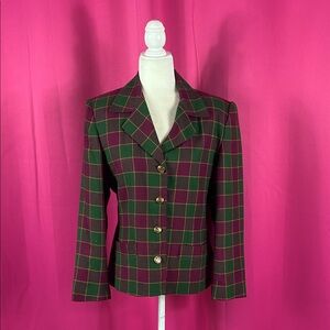 Vintage Kate McNaughton burgundy and green checked blazer suit jacket, size 8